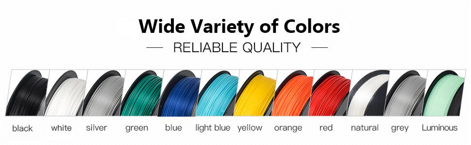 ABS filament colors black white silver green blue yellow orange red natural grey gray luminous
