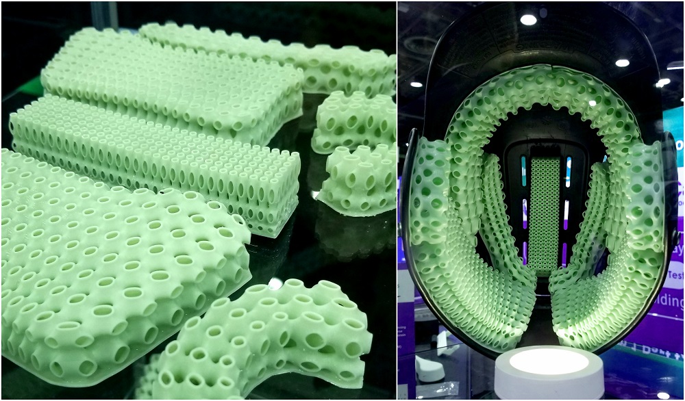 Baseball helmet with 3D printed checkered padding, designed to demonstrate the company’s capabilities