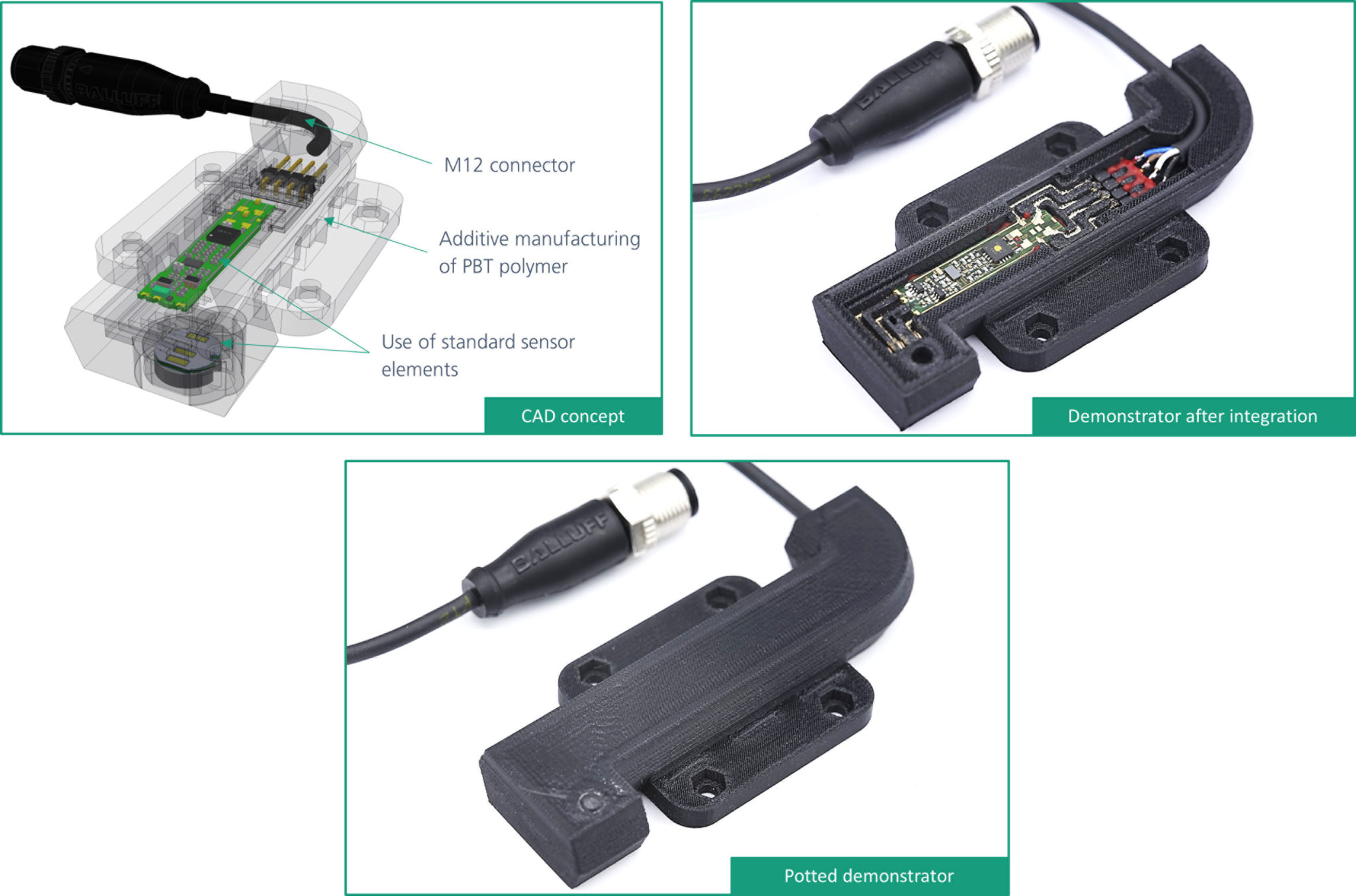 Fraunhofer IPA’s 3D printed sensors, including coils, circuit boards and plugs in plastic housings
