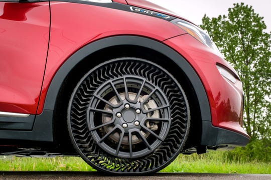 The Michelin Uptis prototype was tested with the Chevrolet Bolt EV at the General Motors Milford Proving Ground in Milford on May 29.